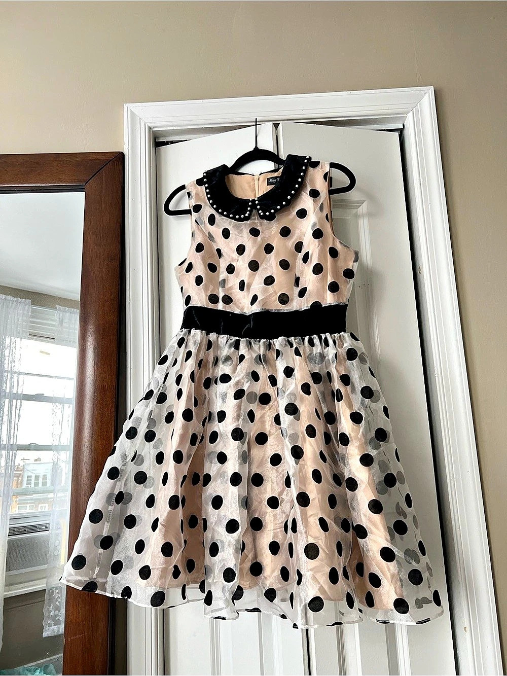 Meng Fei Lu Polka Dot Dress in Beige & Black, Size Large Juniors, Like New